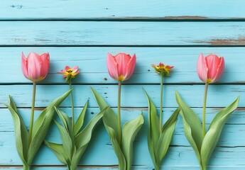 Wall Mural - Four pink tulips arranged in a row on a light teal wooden surface, showcasing spring colors and nature's beauty