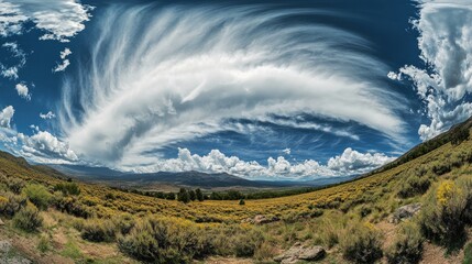 Wide angle of a spring landscape under a sky with clouds