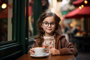 Wall Mural - Cute little girl in glasses with cup of coffee in cafe.