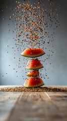 Wall Mural - Stacked fruit slices, suspended in mid air, with seeds and spices raining down around them. Against a neutral backdrop and wooden surface. Studio