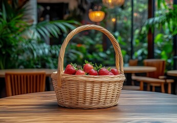 Wall Mural - Strawberries in a light brown wicker basket on a dark wooden table, with a blurred background of plants and cafe seating, soft lighting