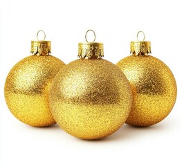 Wall Mural - Three gold glitter christmas balls on white background, close up, studio shot, holiday, festive, christmas decorations, round, shiny, sparkling