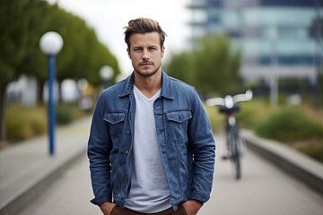 Wall Mural - Portrait of a handsome young man standing in the street with bicycle