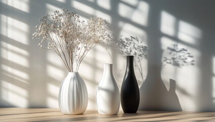 Poster - Sunlit vases, dried flowers, window shadows, minimalist home decor