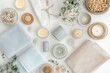 © Odrua Design - Conjunto de itens de spa com toalhas, velas e elementos decorativos em tons neutros, capturados com luz natural suave, criado com IA generativa.