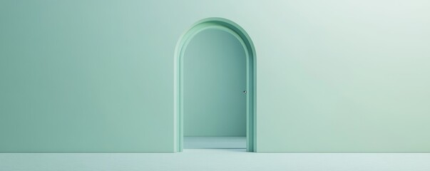 Wall Mural - Pastel green arched doorway, interior room, minimalist background, product display