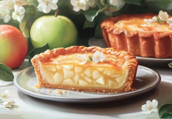 Wall Mural - Freshly Baked Apple Pie Slice with Green Apples and Blossoms on a White Table Setting, Evoking Warmth and Deliciousness in a Homely Environment