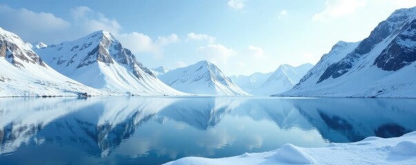 Wall Mural - Snow-covered mountains with frozen lake in the foreground, frozen terrain, frozen landscape, water