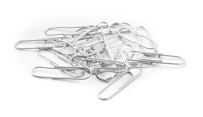 Wall Mural - Pile of metal paper clips isolated on white, above view