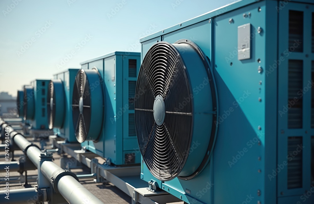 Industrial air conditioning units on rooftop. Large fans circulate cool ...