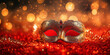 © Deja - Elegant masquerade mask on glittering red background festive celebration photography cozy atmosphere close-up view artistic expression