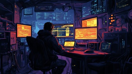 Person coding in a dark room with multiple screens displaying code and data