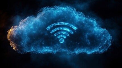 Wall Mural - Blue Glowing Cloud with Wi-Fi Symbol on Dark Background