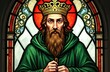 © Vadym - Saint Patrick depicted in stained glass window. AI-created art captures religious iconography. Intricate design includes gold crown, vivid green robe. Window part of church architecture. Illustrates