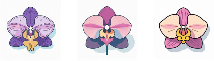 Wall Mural - Three stylized orchid illustrations in varying colors, created using a double exposure effect for depth.