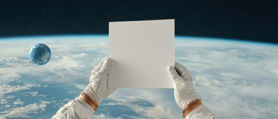 Wall Mural - Astronaut holding blank paper in space earth in background digital artwork cosmic environment aerial view creativity