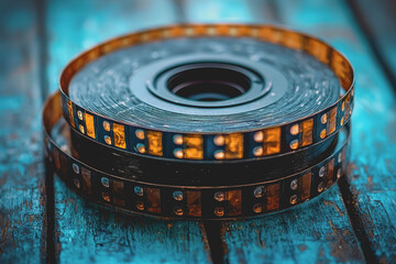 Wall Mural - Close up view of a film strip placed on a rustic wooden table showcasing the texture and detail of the film material and the natural wood grain beneath