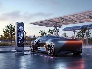 Futuristic electric car charging at modern station in sustainable urban setting