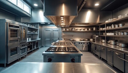 Modern empty commercial kitchen with shiny stainless steel equipment. Pro grade stove, oven. Clean, organized workspace. Industrial style interior design. No people. Perfect for commercial kitchen