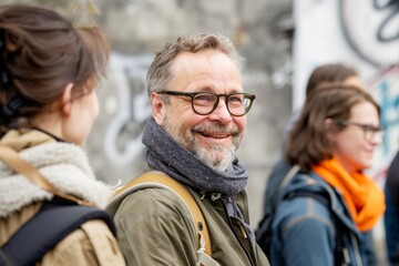 Wall Mural - Portrait of a smiling senior man with glasses and a beard in the city