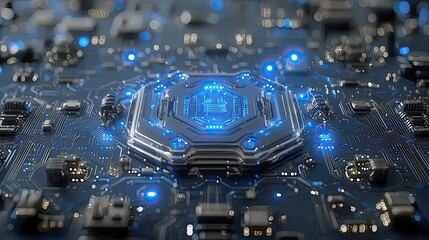 Wall Mural - close-up view of a futuristic circuit board with glowing blue lines and intricate details. a technol