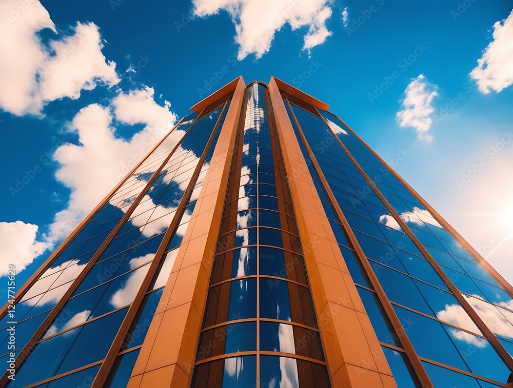 Modern glass office building reflecting a bright blue sky with white ...