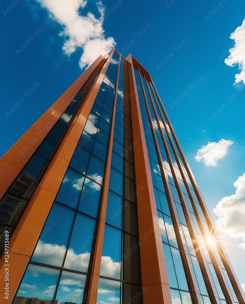 Modern glass office building reflecting a bright blue sky with white ...