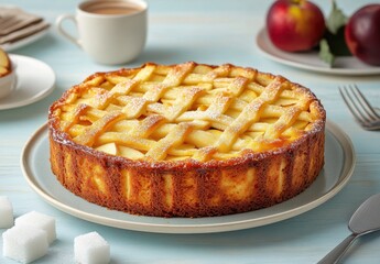 Wall Mural - Delicious homemade apple pie with a golden lattice crust on a light blue table, garnished with fresh apples and coffee for a cozy dessert setting