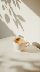 Wall Mural - isolated coffee cup on light solid color table with soft shadows