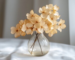 Canvas Print - Dried hydrangeas in glass vase, soft light, white background, home decor