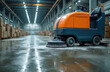 © Vadym - Industrial floor scrubber machine cleans dirty factory floor. Automated equipment polishes concrete surface efficiently. Large warehouse interior with stacked boxes. Modern cleaning tech in action.