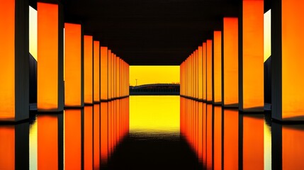 Wall Mural - Vibrant architectural structure with glowing orange pillars reflecting in still water at sunset