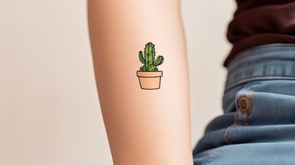 Wall Mural - Close-up of a small potted cactus temporary tattoo on a woman's forearm.