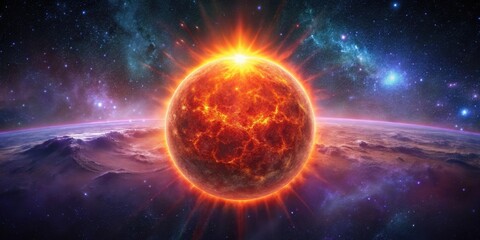 Wall Mural - a fiery celestial body radiates intense energy across the cosmic expanse, illuminating a nearby plan