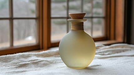 Canvas Print - Frosted glass bottle of oil by window, rustic linen