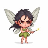 Grumpy Fairy: A cute but grumpy fairy with dark hair and intense eyes, holding a sparkling wand, in a chibi-style illustration. The fairy's expression is a blend of annoyance and determination.