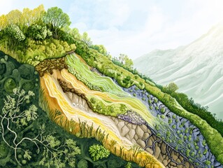 Canvas Print - A vibrant illustration of layered soil and vegetation, showcasing various plant life and geological features on a sloped landscape.