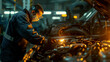 © Mutshino_Artwork - Industrial worker repairing machinery with glowing sparks in a dimly lit workshop