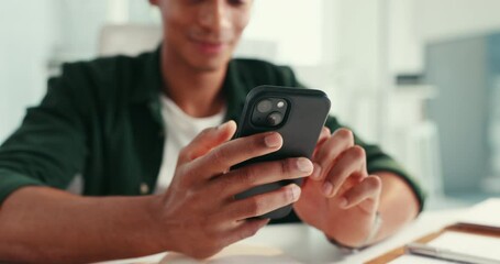 Aufkleber - Office, hands and man with phone for search, creative social media post or online chat notification. Research, typing and designer at desk with smartphone, connection and communication on mobile app