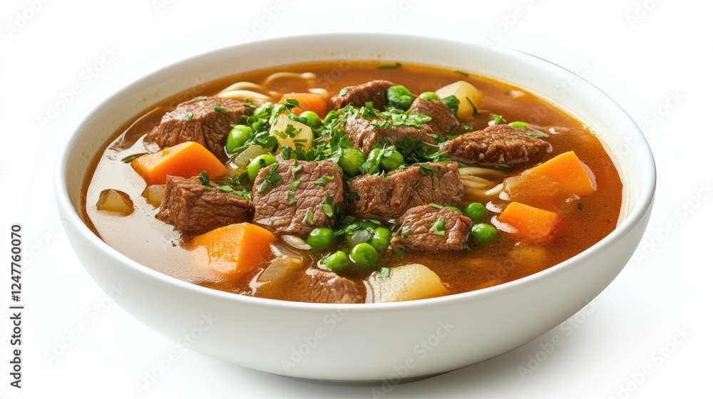Delicious beef stew with carrots, peas, potatoes, and noodles in a white bowl, isolated on white background.