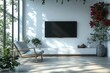 © SHI - Inside the room, big TV on the wall, white walls, armchairs, vases, minimalism