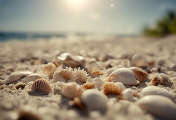 Wall Mural - beach tropical landscape shells sand sea shell vacation holiday resort aquatic background blue climate coast coastline cockleshell conch copy day idylli lagoon marin nature caribbean object outdoors