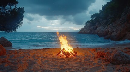 coastal bonfire at sunset, ocean waves in background