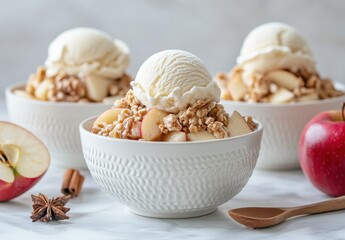 Wall Mural - Delicious Apple Dessert with Ice Cream and Crunchy Topping Served in Elegant Bowls Perfect for Fall Gatherings and Food Photography