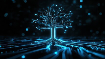 Glowing digital tree, network roots, dark background, technology concept, website banner