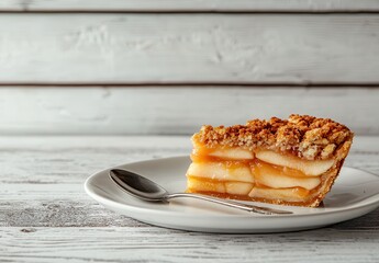 Wall Mural - Delicious apple pie slice with crumbly topping on a white plate against a rustic wooden background, perfect for dessert enthusiasts and food bloggers