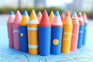 A colorful arrangement of large crayons in various shades, including pink, blue, and orange, set against a blurred outdoor background. 3d rendering cute illustration creative scene.