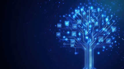 Glowing digital tree, data network, abstract background, tech concept