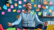 © JKLoma - Finding Zen in the Chaos: A contemplative businessman, amidst a whirlwind of colorful sticky notes, finds inner peace and calm in the midst of a busy workday.