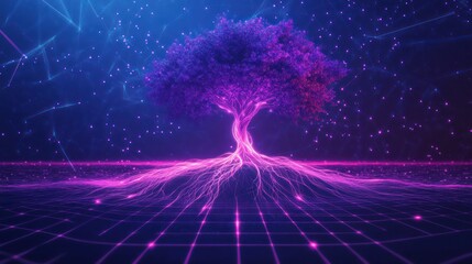 Glowing digital tree, network roots, abstract background, technology concept